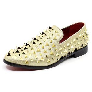 Gold Men's Spiked Designer Classic Smoking Dress Tuxedo Loafers Slip On Shoes
